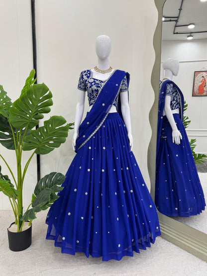 Royal Blue Georgette Thread With Sequence Ready To Wear Ruffle Lehenga Saree By WTW