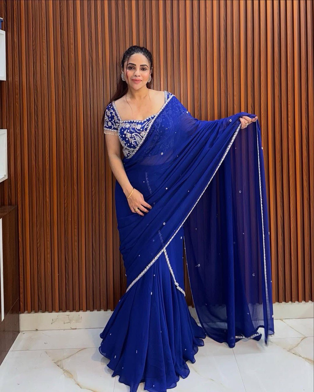 Royal Blue Georgette Thread With Sequence Ready To Wear Ruffle Lehenga Saree By WTW