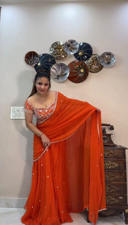Wedding Special Attractive Orange Color Designer Lehenga Saree By WTW