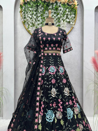 Amazing Black Colour Georgette Fabric With Long Flair And Thread & Sequences Work Lehenga Choli By WTW