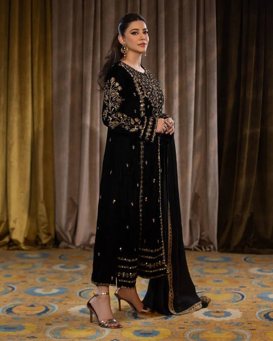 Black Viscose Velvet Sequence Embroidery Work Salwar Suit By WTW