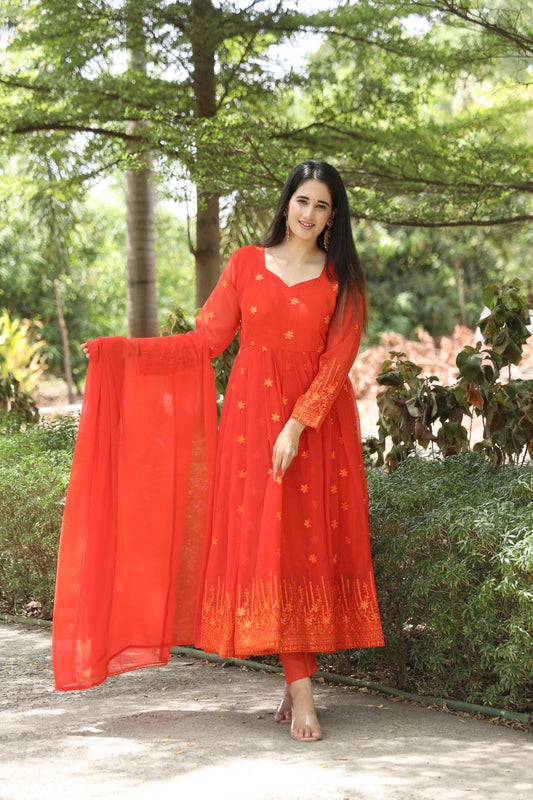 Elegant Design Orange Color Georgette Fabric With Zari Work Anarkali By WTW