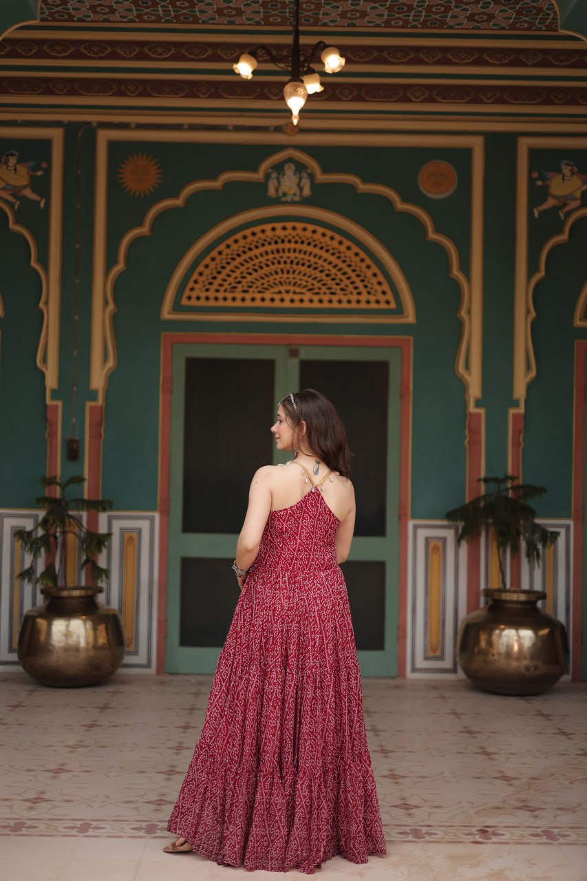 Maroon Color Faux Georgette Bandhani Print Work Gown For Navratri By WTW