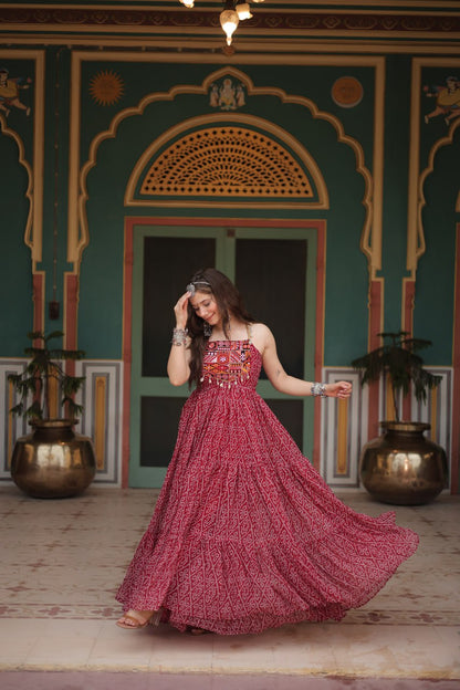 Maroon Color Faux Georgette Bandhani Print Work Gown For Navratri By WTW