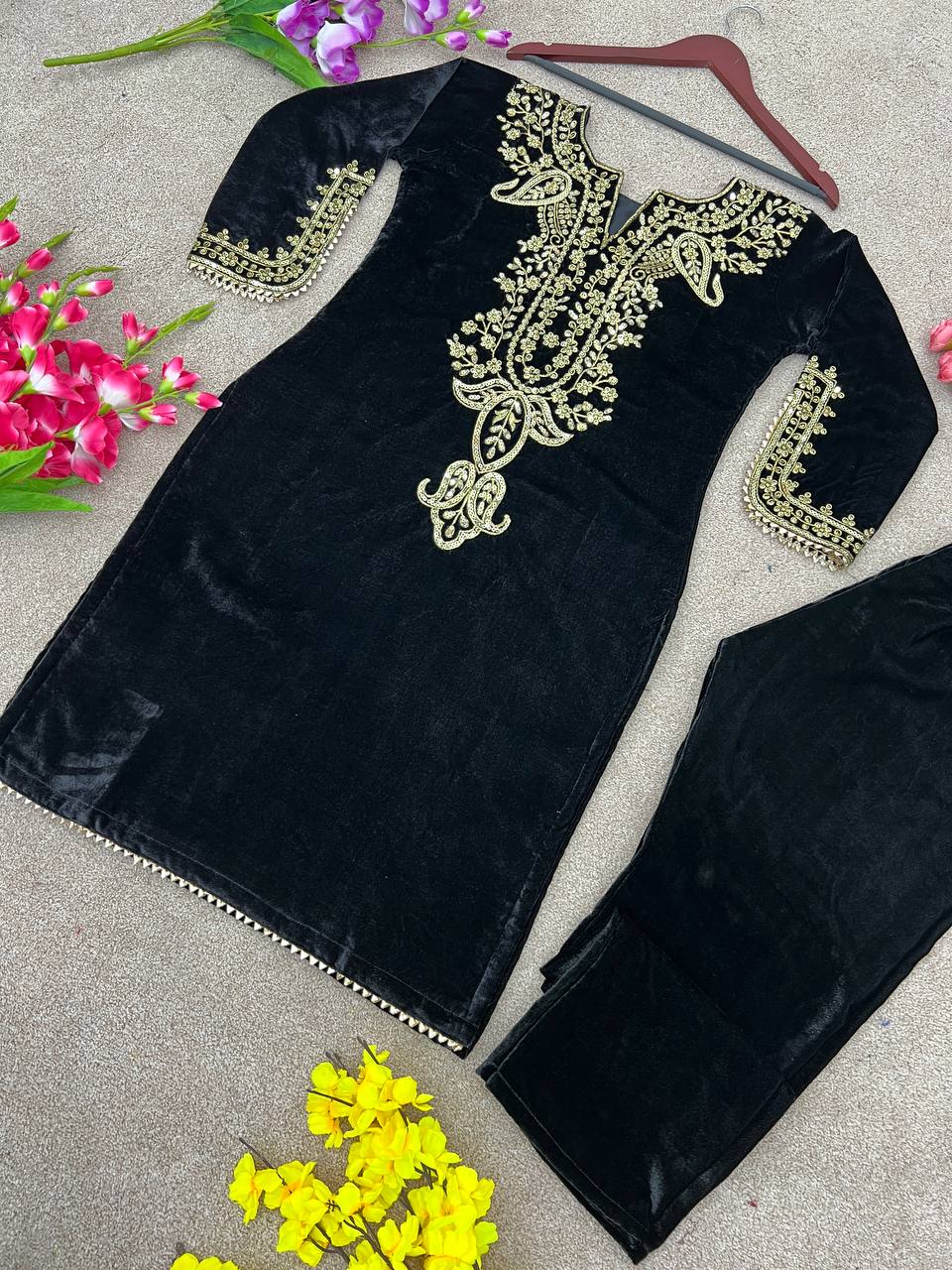 Black Viscose Velvet Embroidery Work Top With Pant By WTW