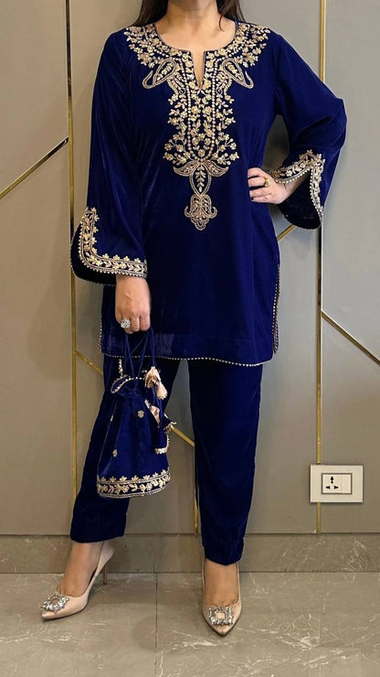 Royal Blue Viscose Velvet Embroidery Work Top With Pant By WTW