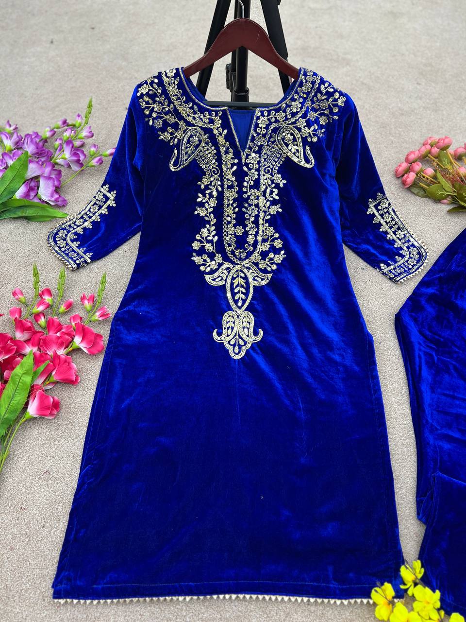 Royal Blue Viscose Velvet Embroidery Work Top With Pant By WTW