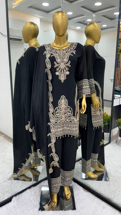 Fine Black Color Pure Chinnon Silk Embroidery Salwar Suit By WTW