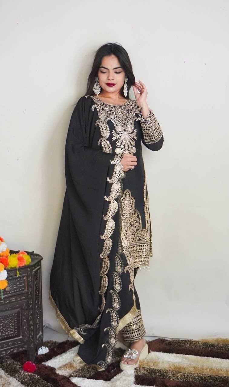 Fine Black Color Pure Chinnon Silk Embroidery Salwar Suit By WTW