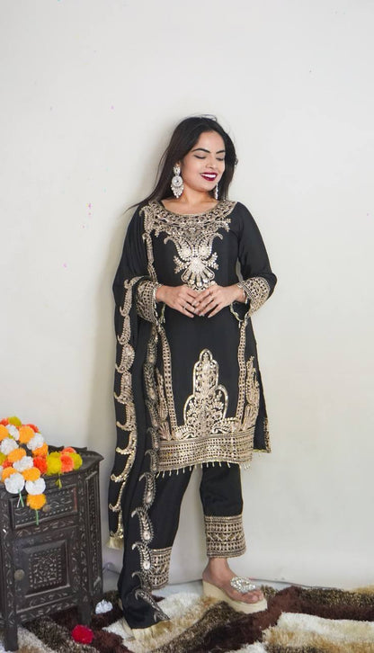 Fine Black Color Pure Chinnon Silk Embroidery Salwar Suit By WTW