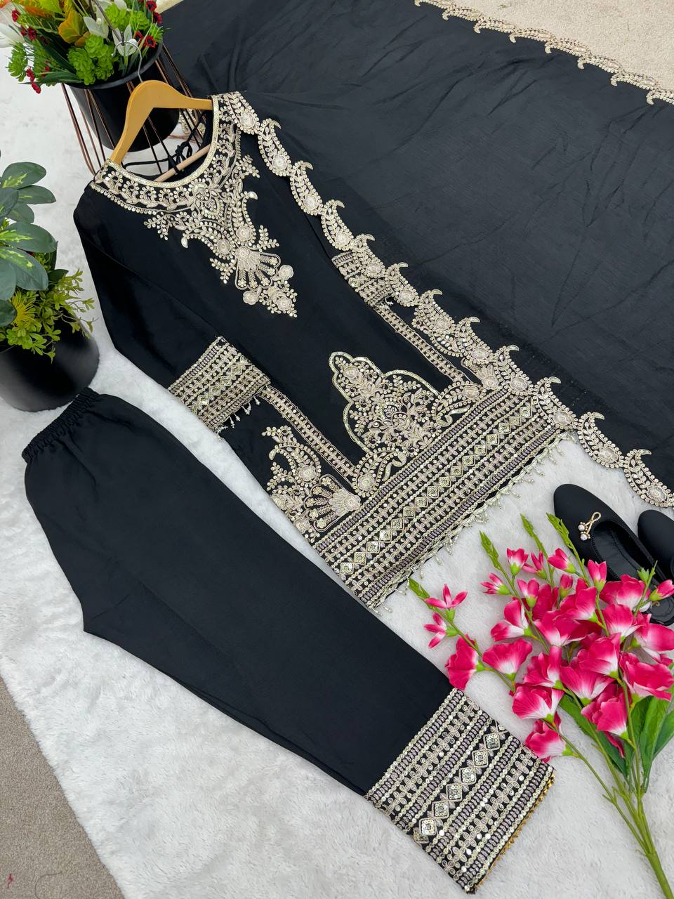 Fine Black Color Pure Chinnon Silk Embroidery Salwar Suit By WTW