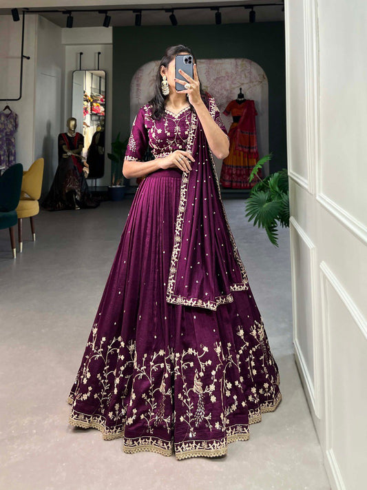 Wine Color Vichitra Silk Sequence Embroidery Lehenga Choli By WTW