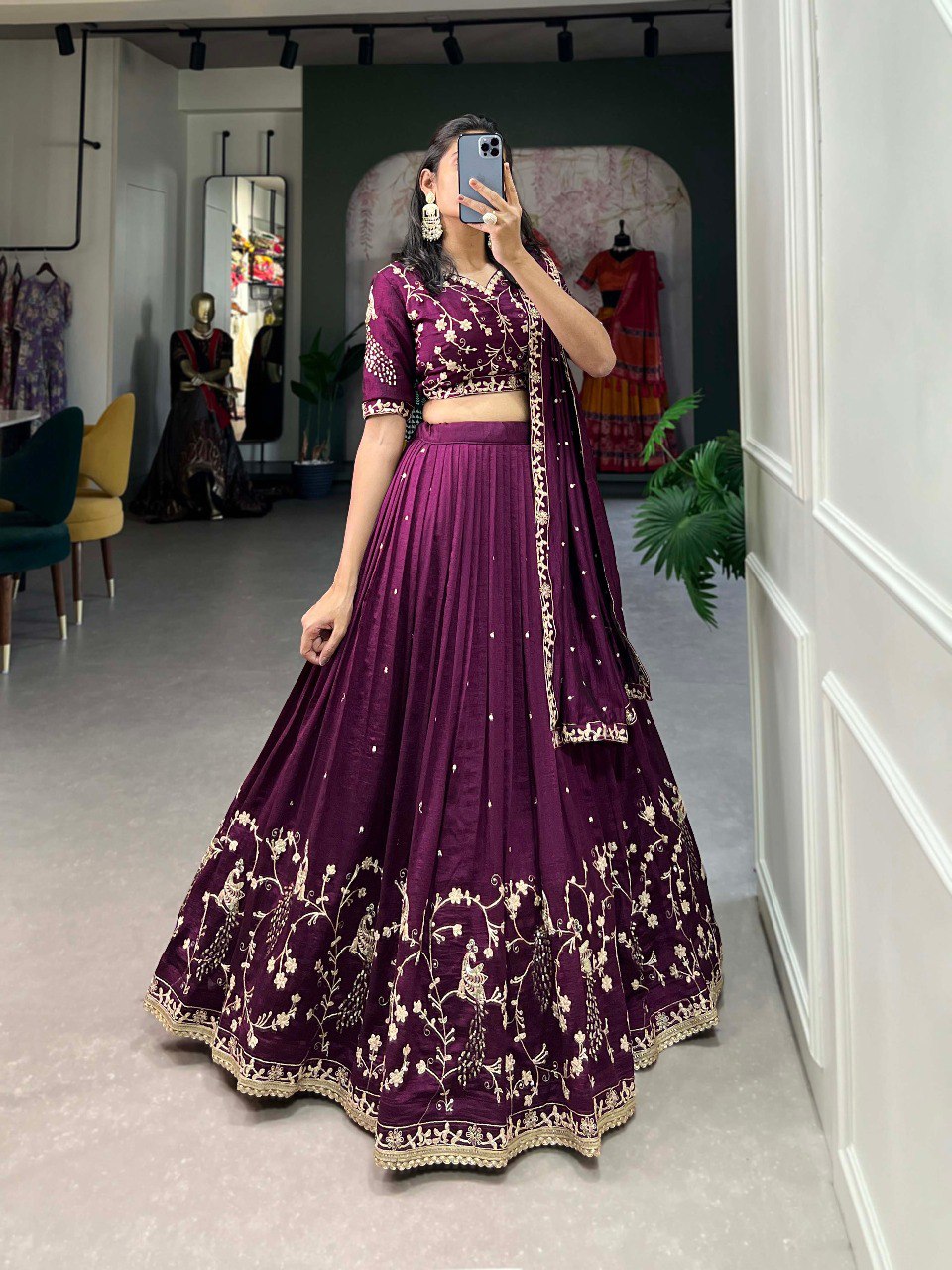 Wine Color Vichitra Silk Sequence Embroidery Lehenga Choli By WTW