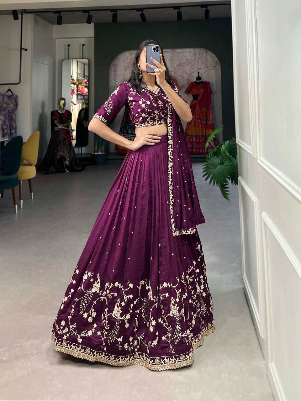 Wine Color Vichitra Silk Sequence Embroidery Lehenga Choli By WTW