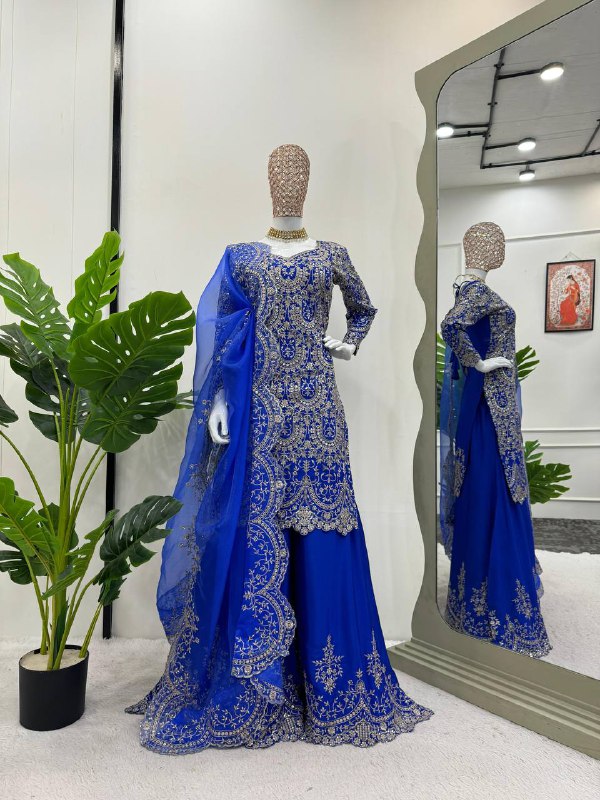 Royal Blue Silk Fully Stitched Sequence Work Plazo Sharara Suit By WTW