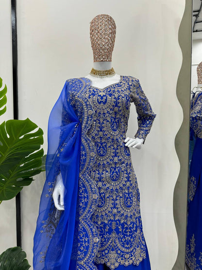 Royal Blue Silk Fully Stitched Sequence Work Plazo Sharara Suit By WTW