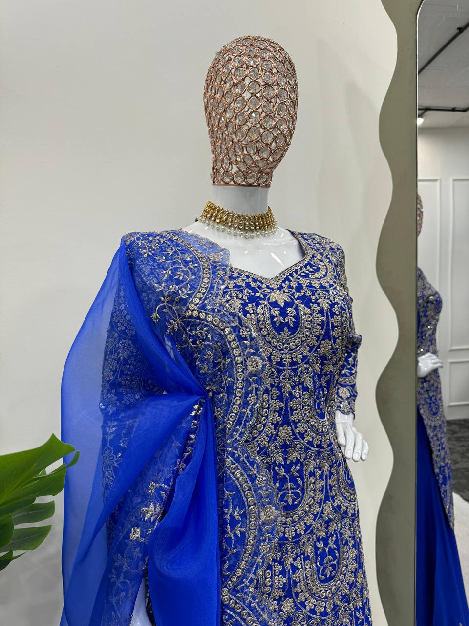 Royal Blue Silk Fully Stitched Sequence Work Plazo Sharara Suit By WTW