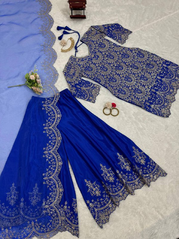 Royal Blue Silk Fully Stitched Sequence Work Plazo Sharara Suit By WTW