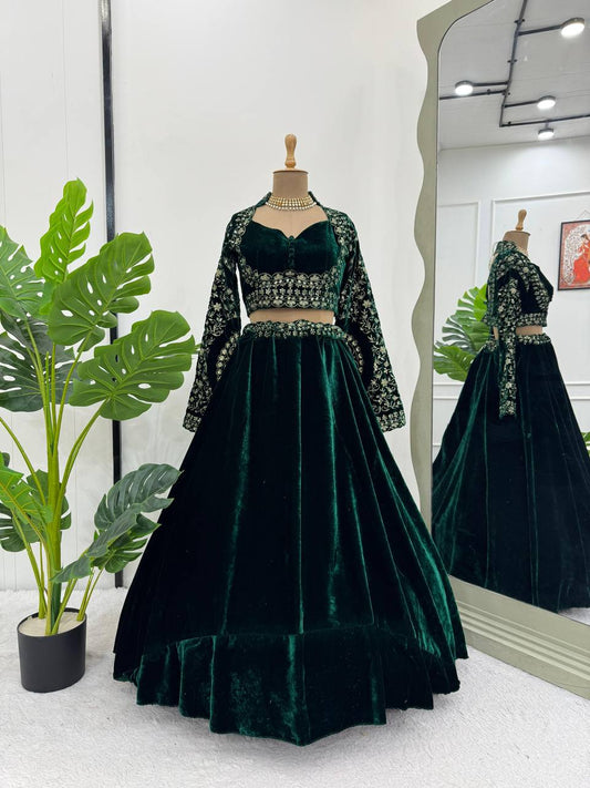Bottle Green Viscose Velvet Thread Work Lehenga Choli By WTW