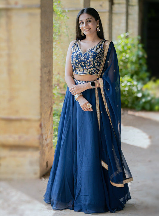 Designer Georgette Plain Lehenga Embroidery Work Blouse With Dupatta Navy Blue By WTW