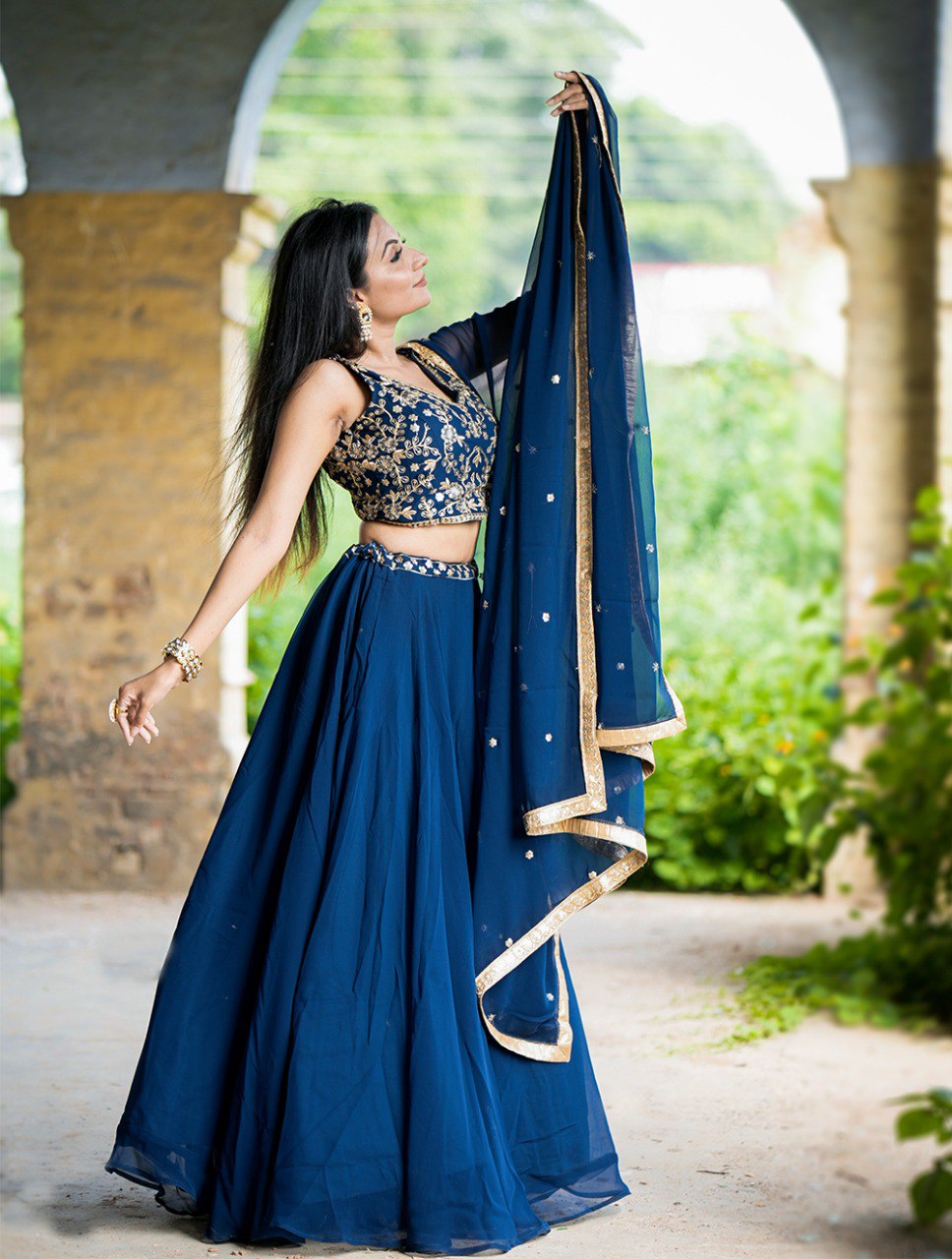 Designer Georgette Plain Lehenga Embroidery Work Blouse With Dupatta Navy Blue By WTW