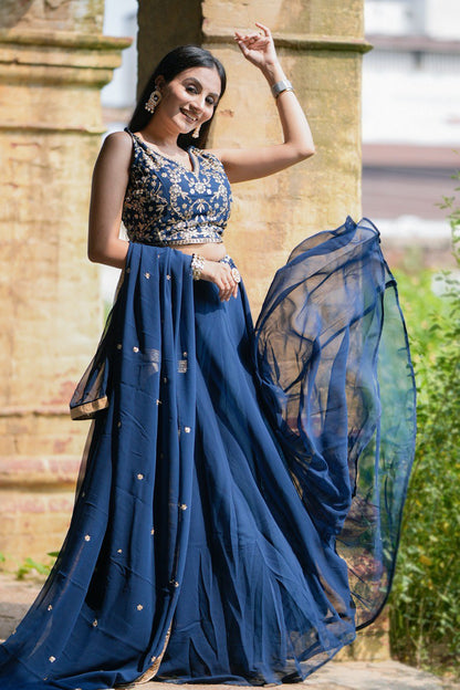 Designer Georgette Plain Lehenga Embroidery Work Blouse With Dupatta Navy Blue By WTW