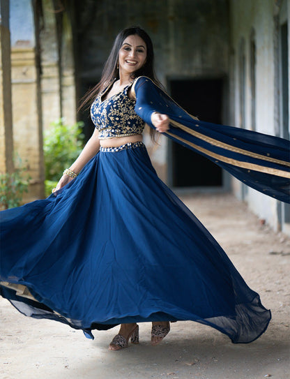 Designer Georgette Plain Lehenga Embroidery Work Blouse With Dupatta Navy Blue By WTW