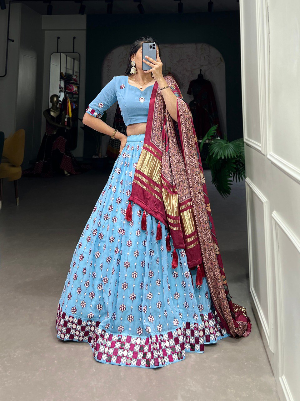 Pretty Sky Blue Georgette Sequins Embroidery Lehenga Choli By WTW