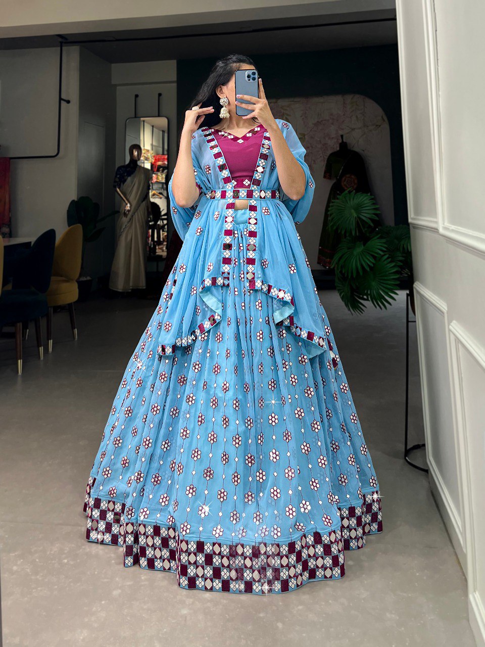 Marvelous Sky-blue Mirror Work Georgette Designer Lehenga Choli By WTW