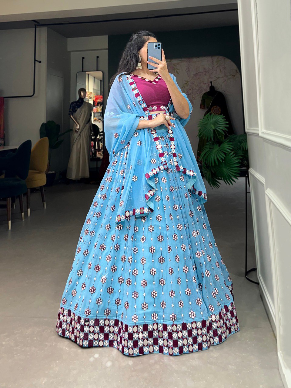 Marvelous Sky-blue Mirror Work Georgette Designer Lehenga Choli By WTW