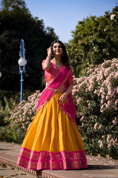 Women South-style Kanchipuram Silk Lehenga With Unstitched Blouse & Dupatta By WTW