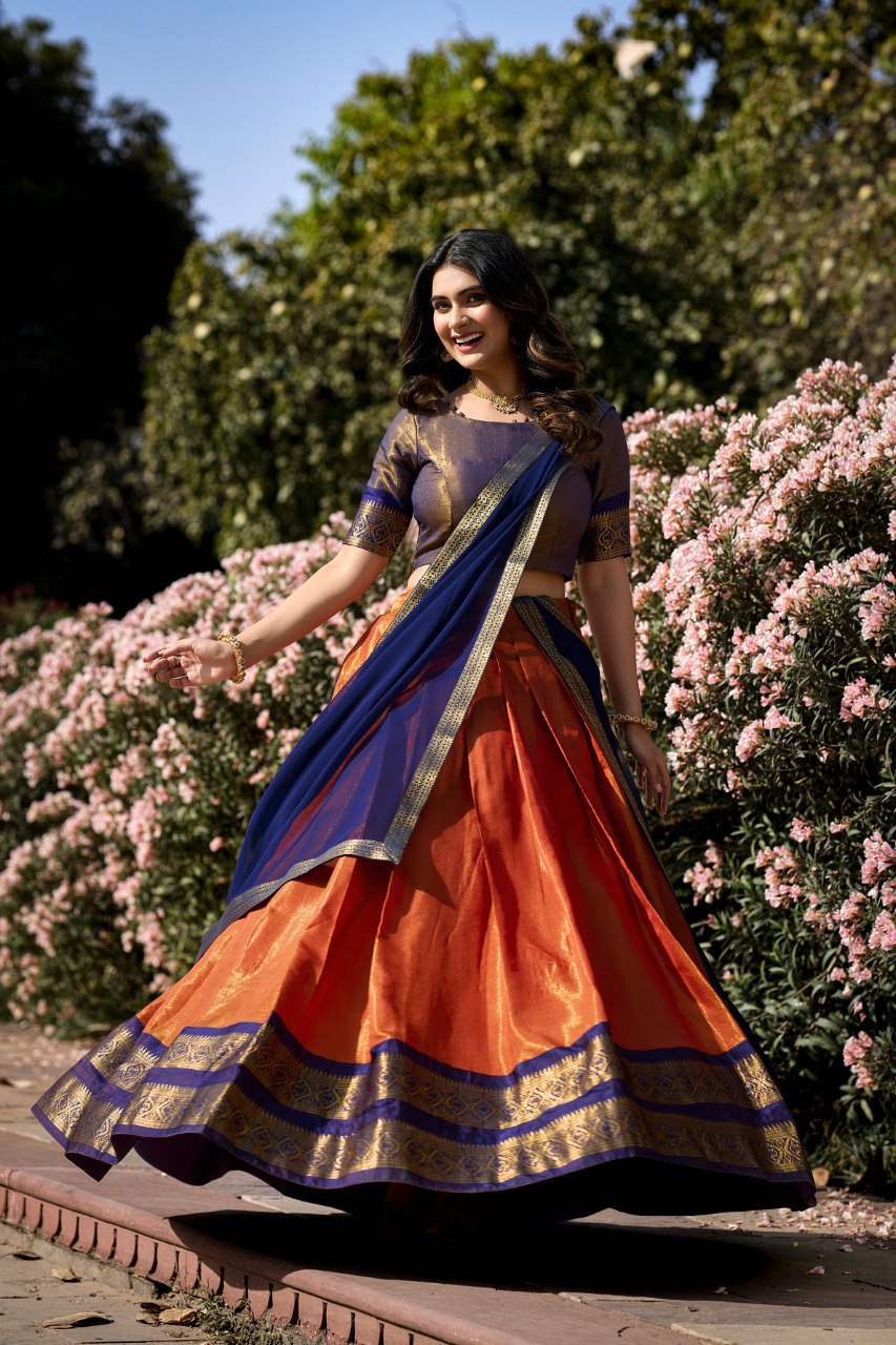 Marvelous Orange Zari Weaving Kanchipuram Silk Lehenga Choli By WTW