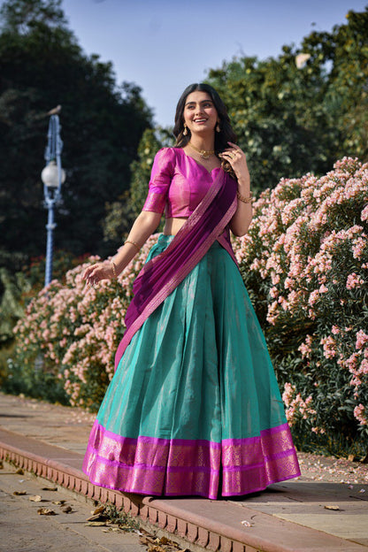 Sky Blue Breathtaking South Indian Kanchipuram Silk Lehenga Choli Set With Zari Weaving By Wtw