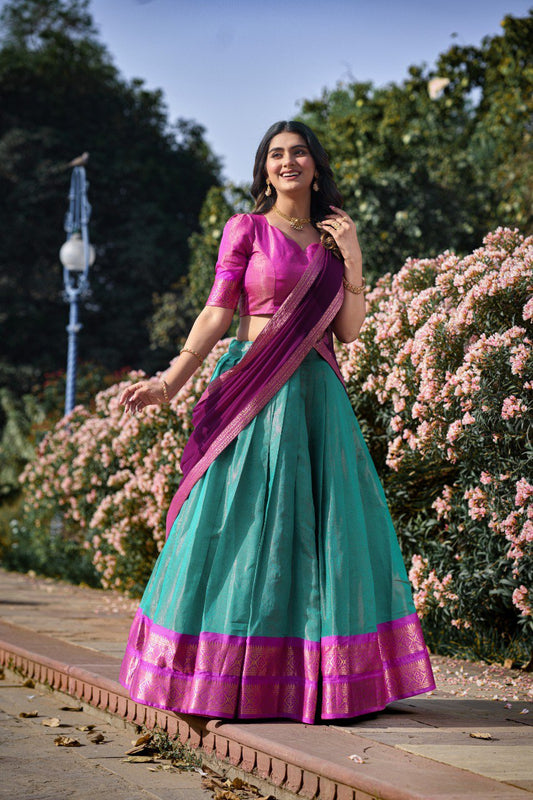 Sky Blue Breathtaking South Indian Kanchipuram Silk Lehenga Choli Set With Zari Weaving By Wtw