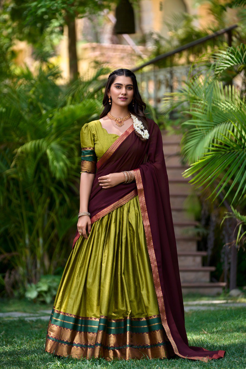 Mesmerizing Green Cotton Traditional Wear Half Saree Lehenga Choli By wtw