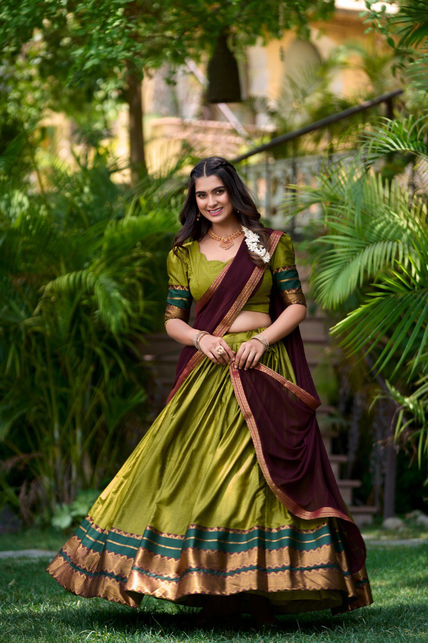 Mesmerizing Green Cotton Traditional Wear Half Saree Lehenga Choli By wtw