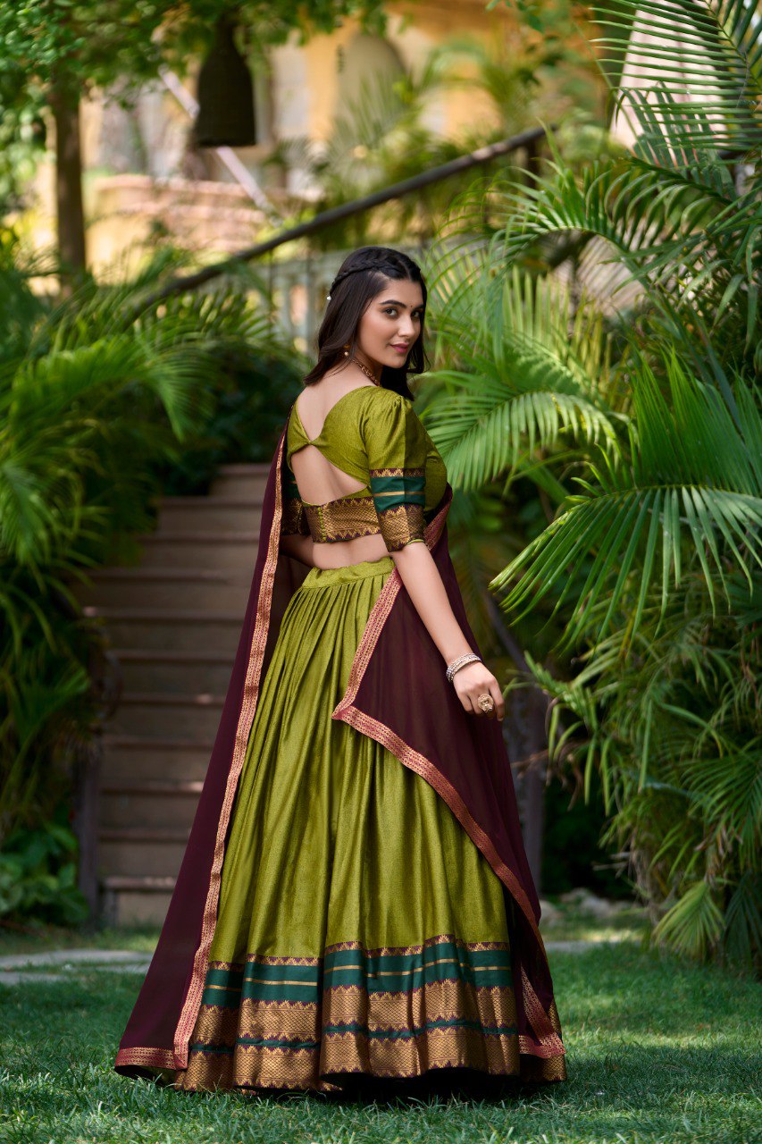 Mesmerizing Green Cotton Traditional Wear Half Saree Lehenga Choli By wtw