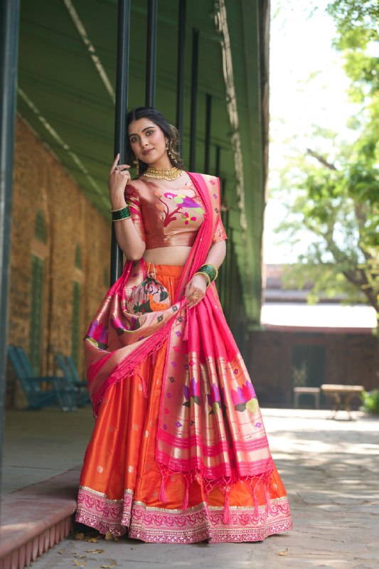 Marathi Style Paithani Silk Orange Lehnga Choli By WTW