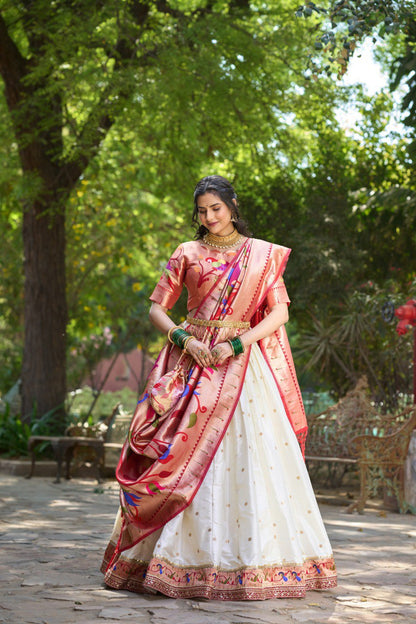 White Woven Jacquard Silk Lehenga Set With Purse By WTW