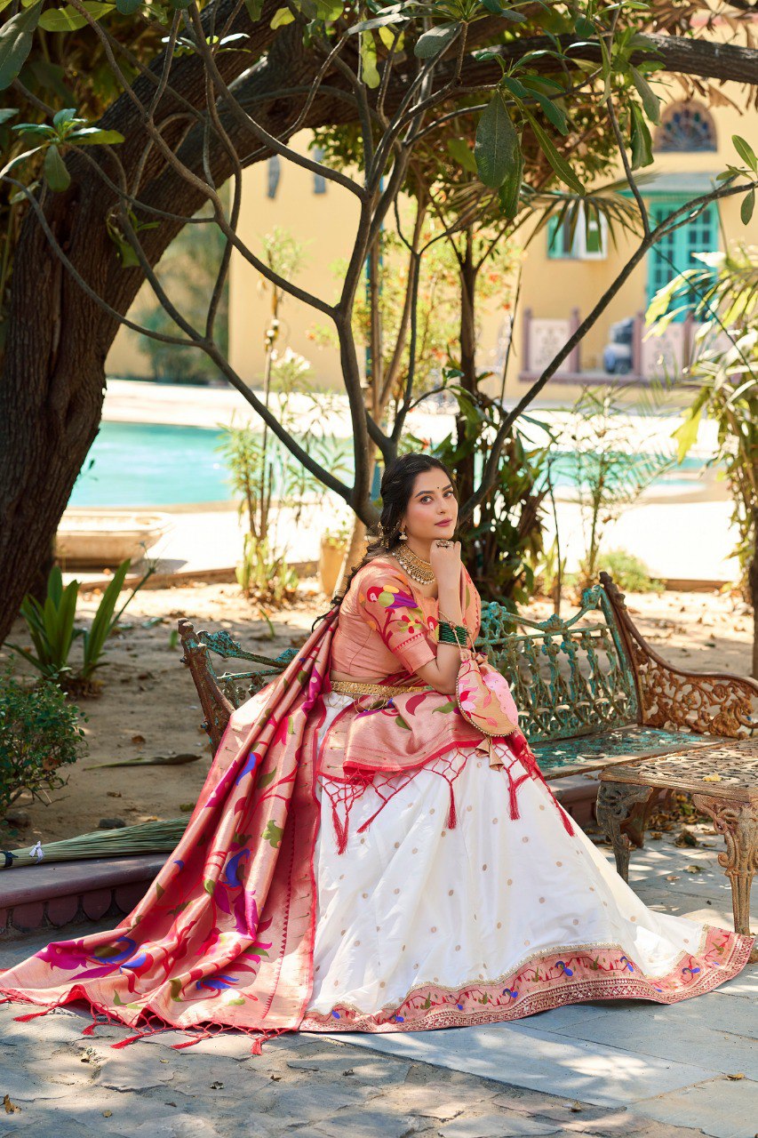 White Woven Jacquard Silk Lehenga Set With Purse By WTW