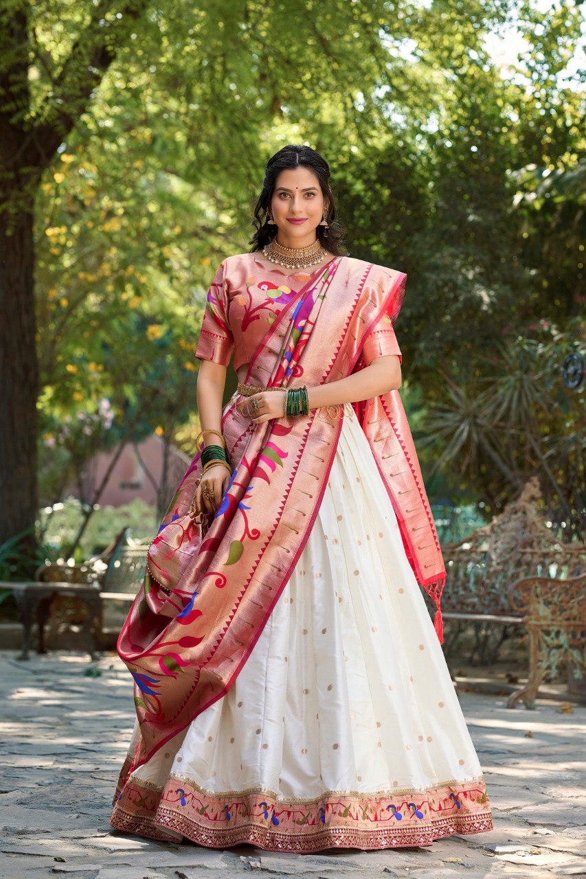 White Woven Jacquard Silk Lehenga Set With Purse By WTW