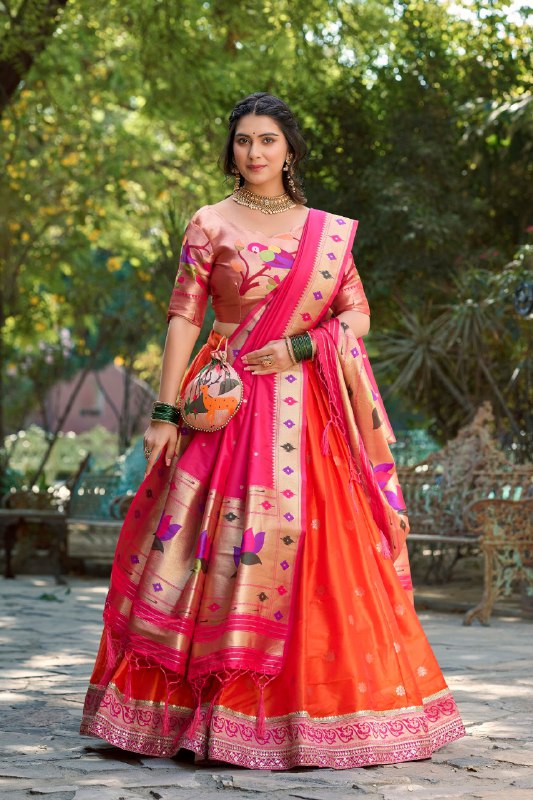 Marathi Style Paithani Silk Orange Lehnga Choli By WTW