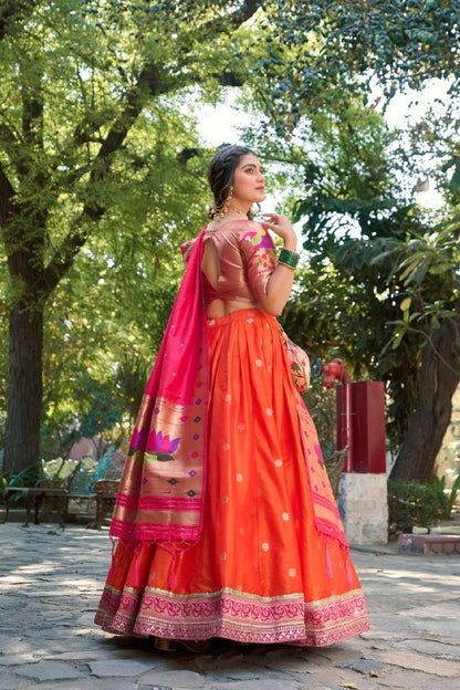 Marathi Style Paithani Silk Orange Lehnga Choli By WTW