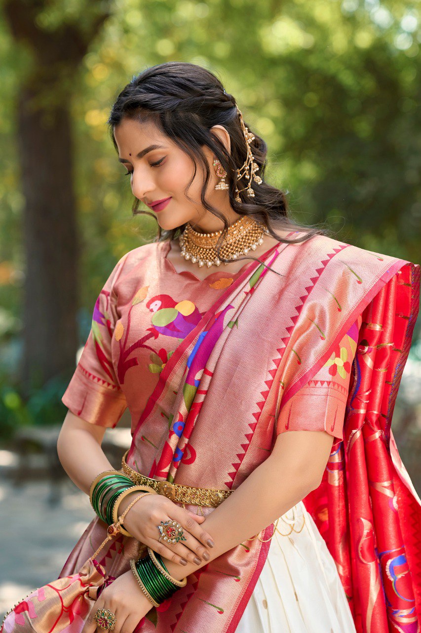 White Woven Jacquard Silk Lehenga Set With Purse By WTW