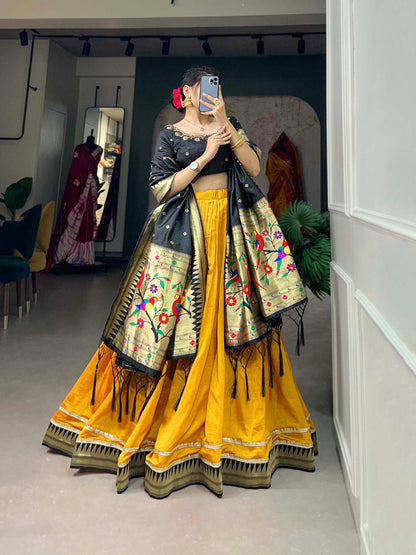 Art Silk Fabric Weaving Work Function Wear Glamorous Lehenga In Yellow Color ByWTW