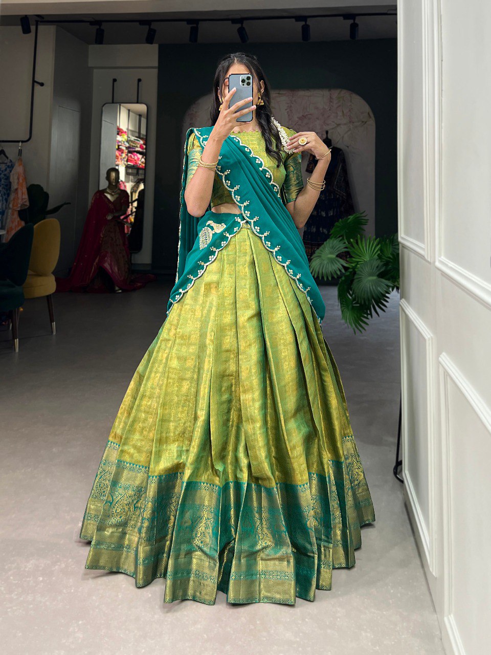 Parrot Color Zari Weaving Work Kanjivaram Wedding Lehenga Choli By WTW