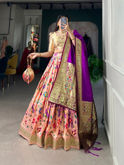 Peach Color Zari Weaving Work Paithani Special Jacquard Silk Lehenga Choli Set By WTW