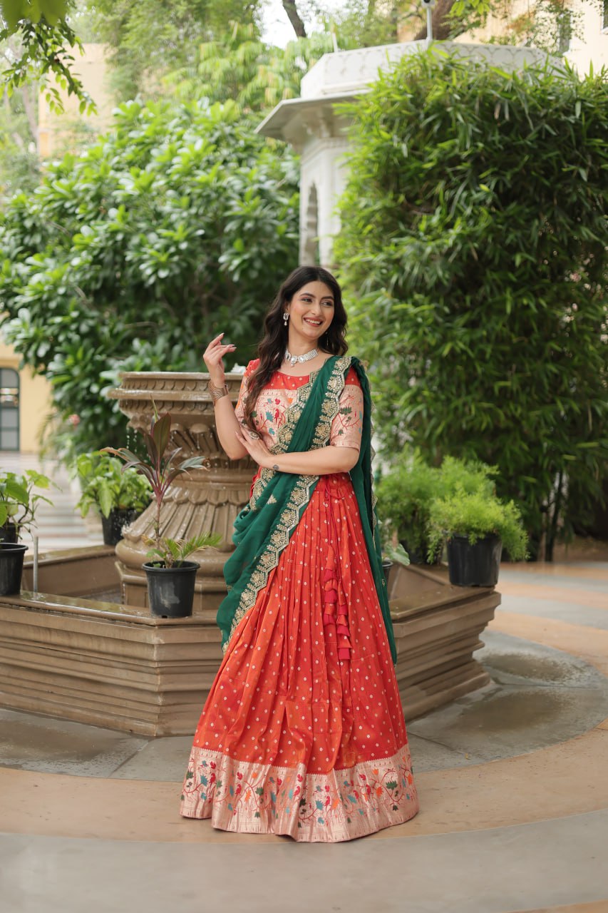 Woven Art Silk Jacquard Lehenga In Orange By WTW