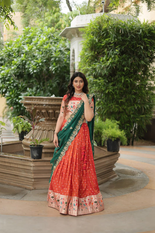 Woven Art Silk Jacquard Lehenga In Orange By WTW