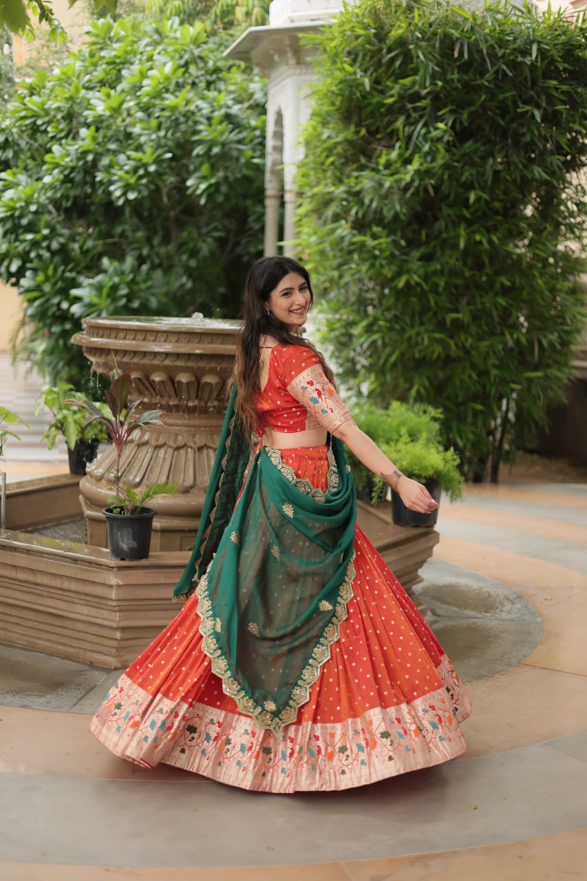 Woven Art Silk Jacquard Lehenga In Orange By WTW